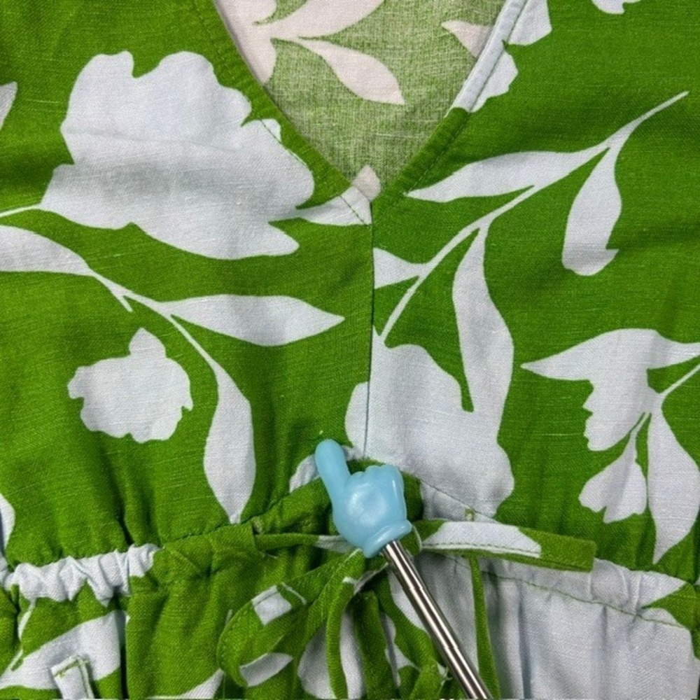 A New Day Floral Midi Dress Womens Small Green Linen Blend Long Sleeve Smocked - Picture 3 of 6